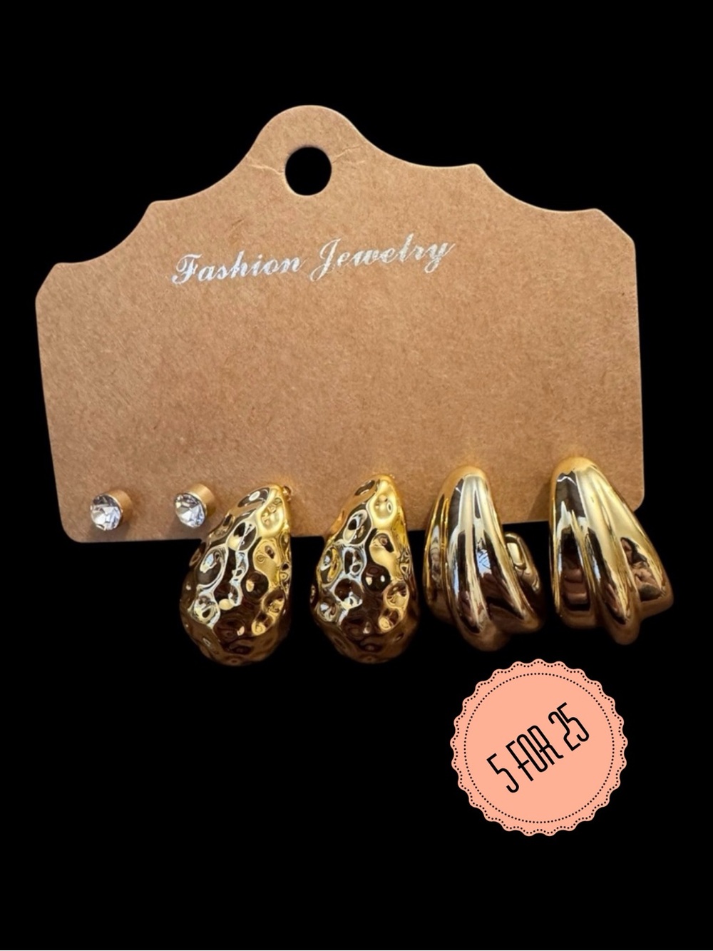 Gold Earring Set 3 Pairs Studs Hoops Textured Chunky Trendy NWOT